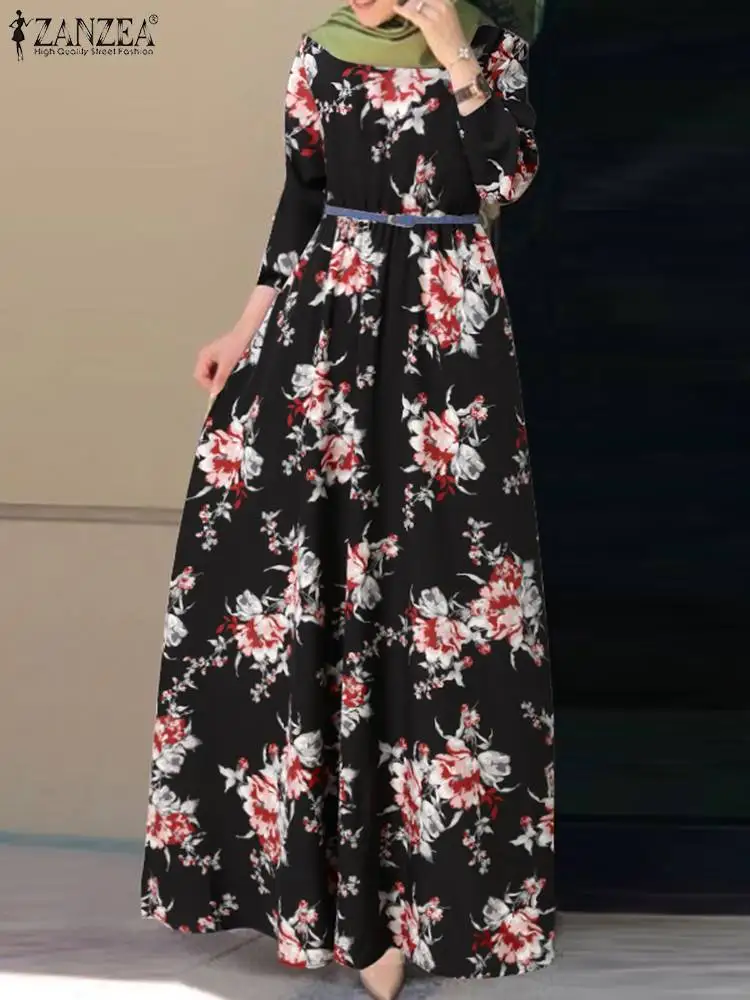 Moda za Ženske Abaya Islam Oblačila ZANZEA Jeseni Bohemian Cvjetnim Natisne Dubaj turški Muslimani Obleko z Dolgimi Rokavi Počitnice Sundress Slike 0 