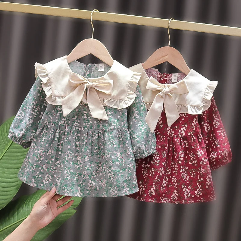 Baby Dekleta Pomlad Jesen Oblačila 2022 Novo Toddlers Dolg Rokav Zavoj navzdol Ovratnik Puloverji Cvetlični Obleko Priložnostne Obleke za Malčke Slike 0 