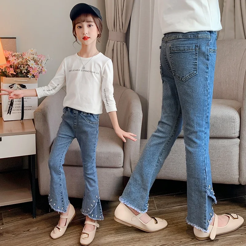 Dekliške Jeans Nove Priložnostne Otroci Hlače Spomladi in Jeseni korejski Stilsko Svetlo Diamond Denim Bell Dna Najstniških Traper Hlače Slike 0 