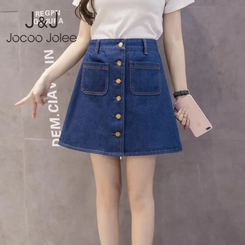 Jocoo Jolee Poletje Denim Krilo Ženske korejski A-line Jeans Krilo Visoko Pasu Žepi Gumb Harajuku Mini Krilo, Visoke Kakovosti Slike 0 