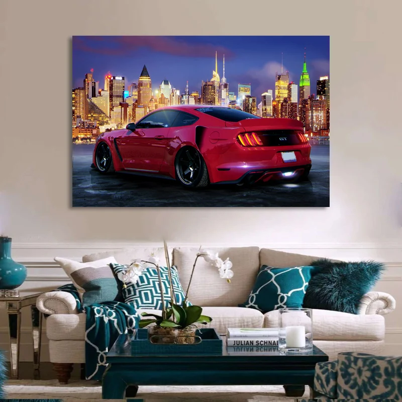 Platno Slike po Meri Rdeče Mustang Muscle Car Nebotičnik Nočne Luči Plakati Moderne Stenske Umetnosti Tiska za Dnevna Soba Dekor