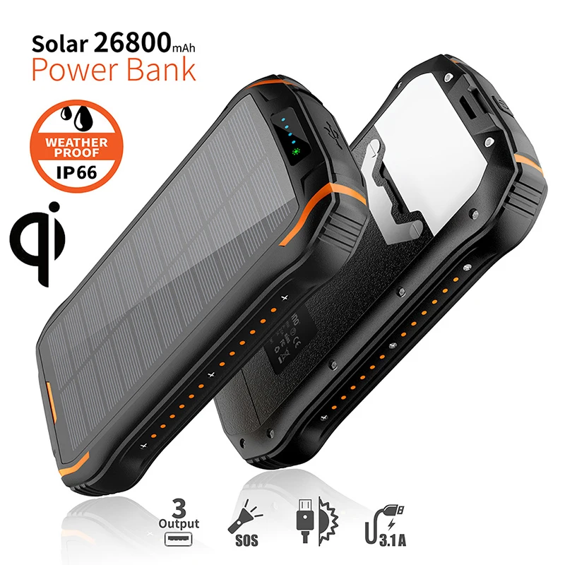 Sončna energija Banke 26800mAh Qi Brezžični Polnilnik Powerbank za iPhone 13 Samsung S22 Huawei Xiaomi Poverbank z LED Luč Kampiranje